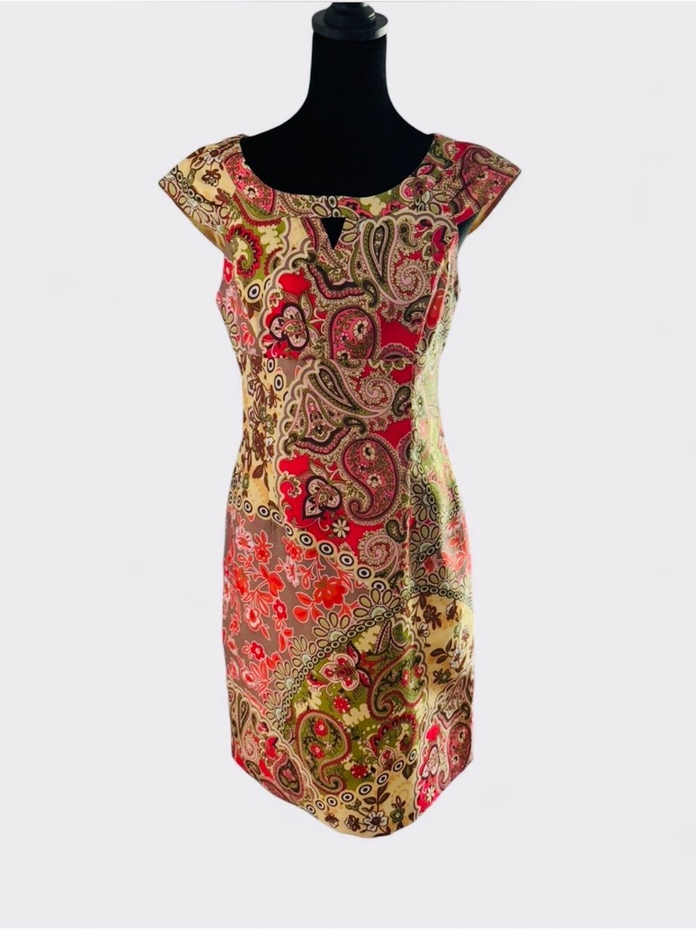 Liz Claiborne Paisley Sheath Dress Size 4 Pink Olive Beige Retro Mod Cap Sleeve